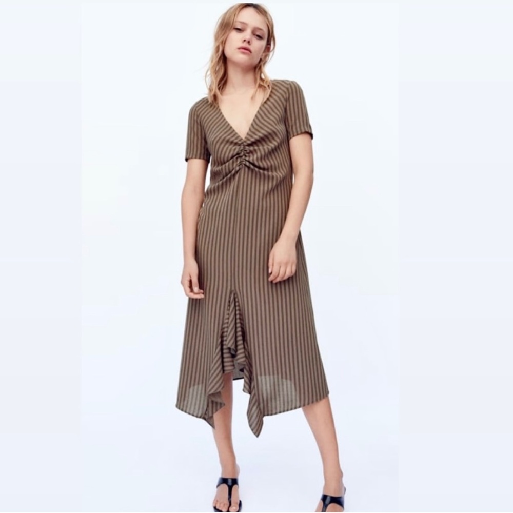 Zara Brown Striped MIDI Dress, Short Sleeve, Large